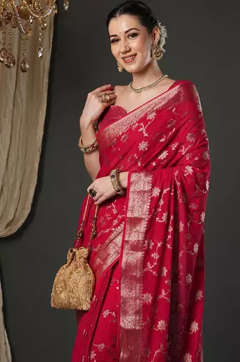 Pink woven design zari  georgette kanjeevaram saree