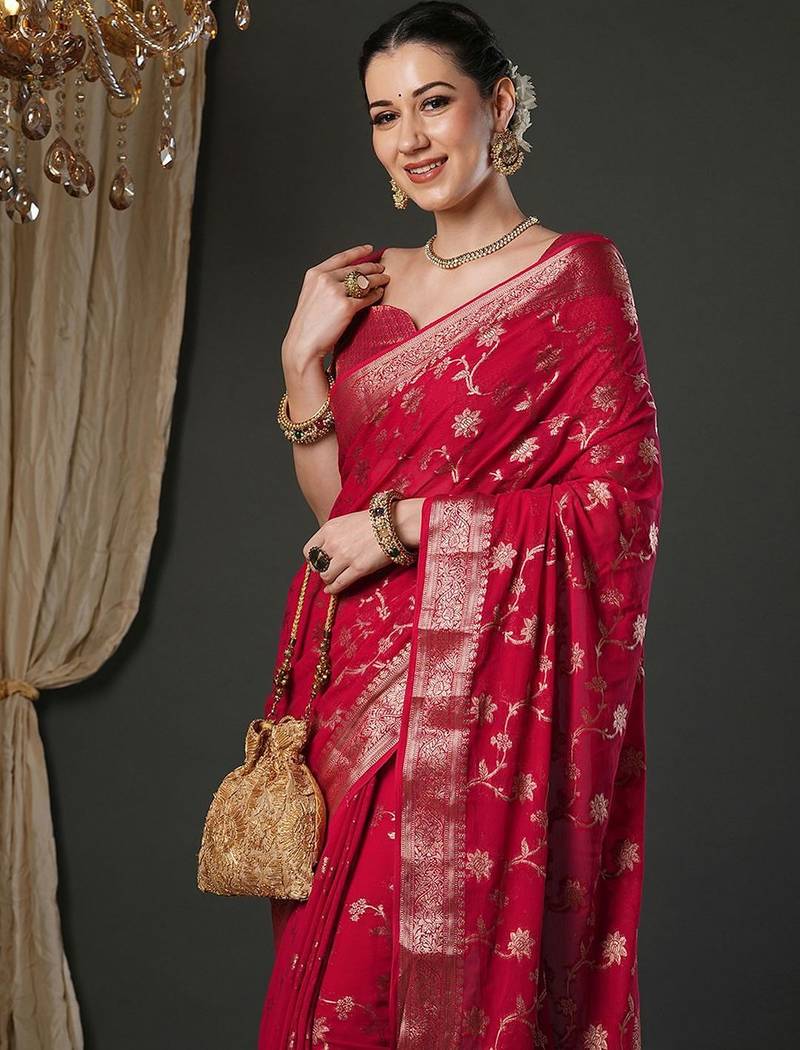 Pink woven design zari  georgette kanjeevaram saree