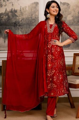 women ethnic motifs printed regular thread work kurta with trousers & with dupatta