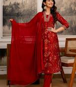women ethnic motifs printed regular thread work kurta with trousers & with dupatta
