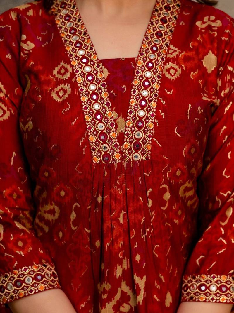 women ethnic motifs printed regular thread work kurta with trousers & with dupatta