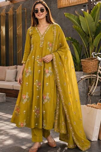 women mustard chanderi embroidered a-line kurta with trouser & dupatta