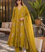 women mustard chanderi embroidered a-line kurta with trouser & dupatta