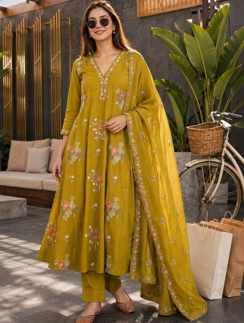 women mustard chanderi embroidered a-line kurta with trouser & dupatta