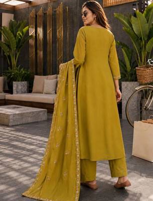 women mustard chanderi embroidered a-line kurta with trouser & dupatta 3