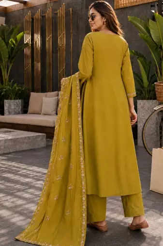 women mustard chanderi embroidered a-line kurta with trouser & dupatta