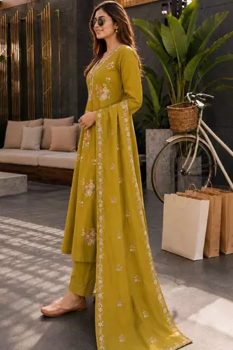 women mustard chanderi embroidered a-line kurta with trouser & dupatta
