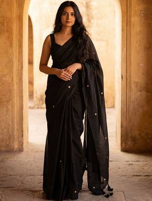 Black embellished  cotton khadi saree 1
