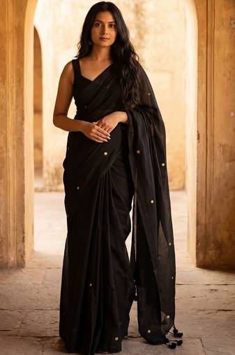 Black embellished  cotton khadi saree