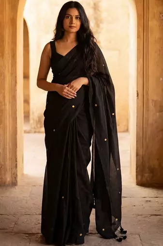 Black embellished  cotton khadi saree