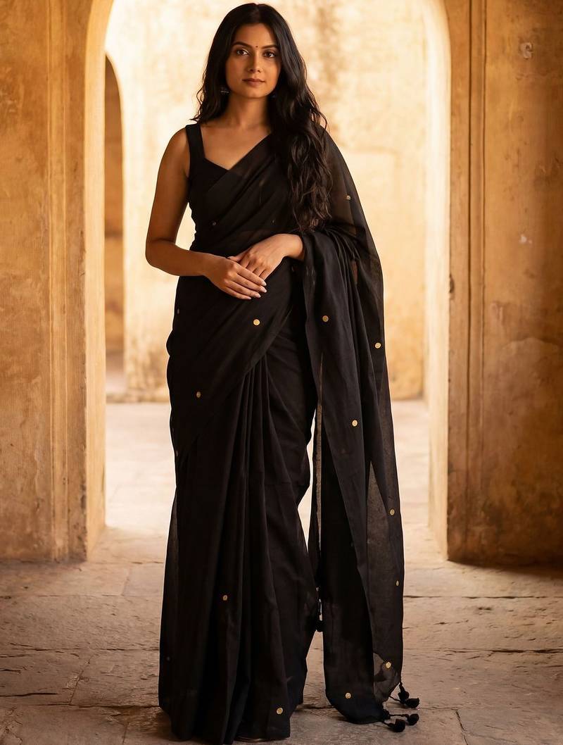 Black embellished  cotton khadi saree