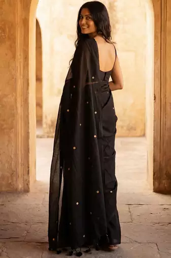 Black embellished  cotton khadi saree