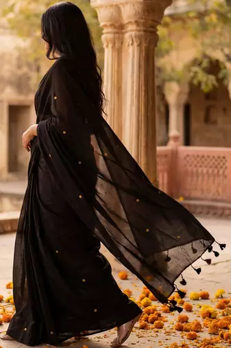 Black embellished  cotton khadi saree