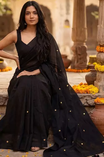 Black embellished  cotton khadi saree