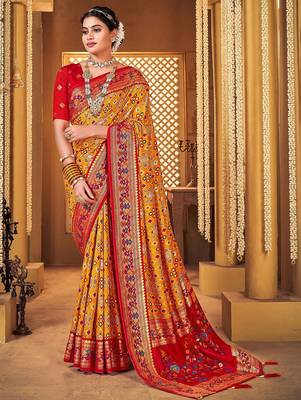 Mustard ethnic motifs printed zari patola saree 1
