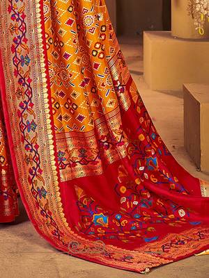 Mustard ethnic motifs printed zari patola saree 5