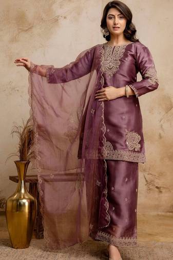 women embroidered regular kurta with palazzos & with dupatta
