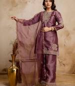 women embroidered regular kurta with palazzos & with dupatta