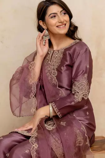 women embroidered regular kurta with palazzos & with dupatta