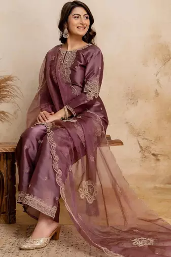 women embroidered regular kurta with palazzos & with dupatta