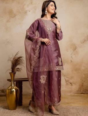 women embroidered regular kurta with palazzos & with dupatta 5