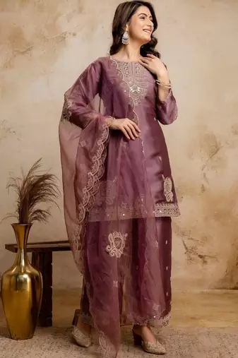 women embroidered regular kurta with palazzos & with dupatta