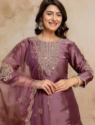 women embroidered regular kurta with palazzos & with dupatta 7