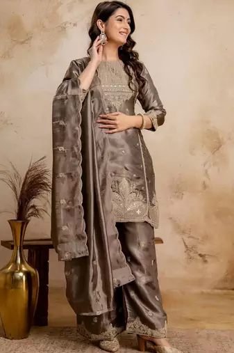 women embroidered regular kurta with palazzos & with dupatta