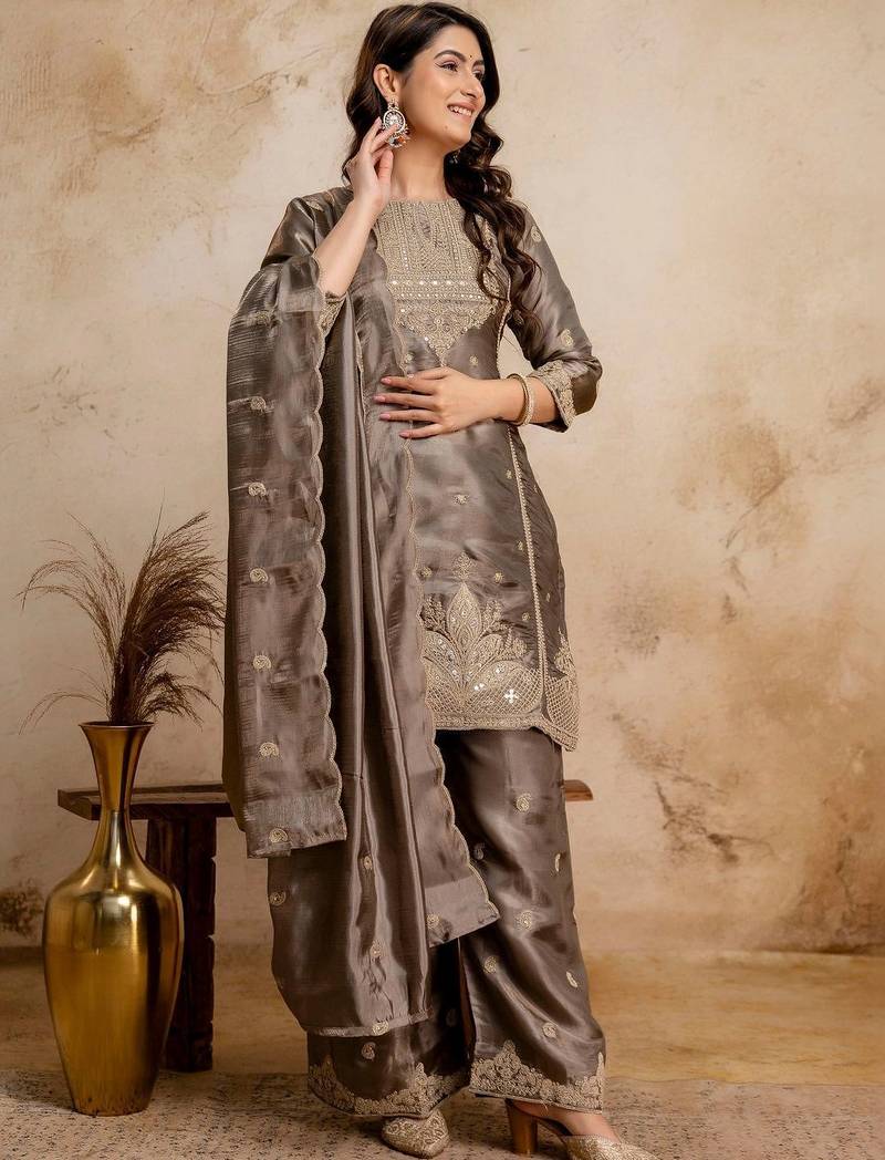 women embroidered regular kurta with palazzos & with dupatta