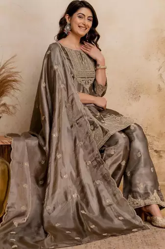 women embroidered regular kurta with palazzos & with dupatta