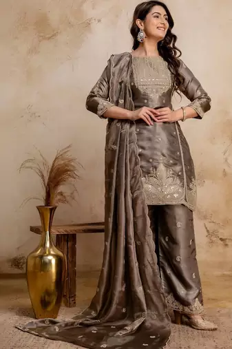 women embroidered regular kurta with palazzos & with dupatta