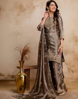 women embroidered regular kurta with palazzos & with dupatta 7