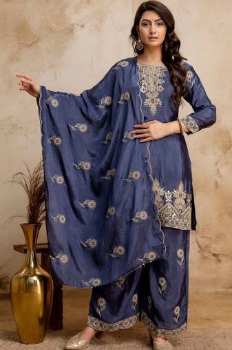 women embroidered regular kurta with palazzos & with dupatta