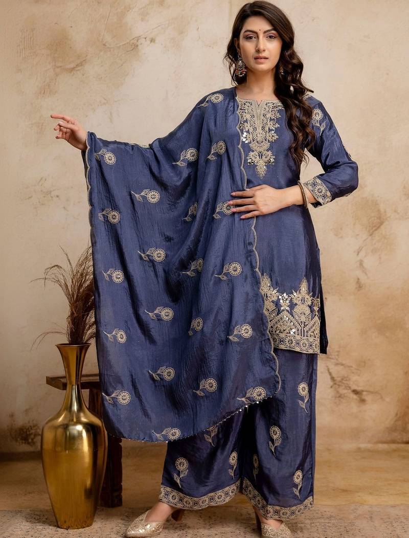 women embroidered regular kurta with palazzos & with dupatta