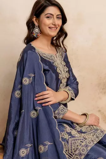 women embroidered regular kurta with palazzos & with dupatta