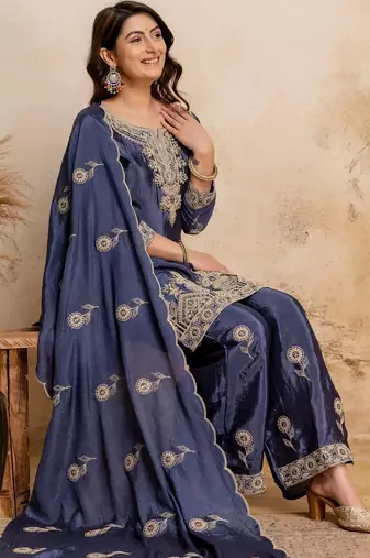 women embroidered regular kurta with palazzos & with dupatta