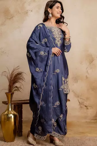 women embroidered regular kurta with palazzos & with dupatta