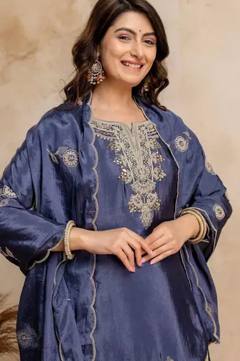 women embroidered regular kurta with palazzos & with dupatta