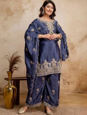 women embroidered regular kurta with palazzos & with dupatta 7
