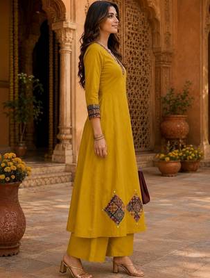 women ethnic motifs embroidered regular thread work  cotton kurta with palazzos & with 2
