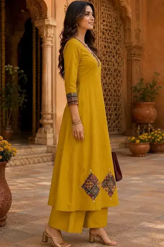 women ethnic motifs embroidered regular thread work  cotton kurta with palazzos & with