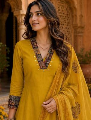 women ethnic motifs embroidered regular thread work  cotton kurta with palazzos & with 3
