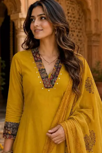 women ethnic motifs embroidered regular thread work  cotton kurta with palazzos & with