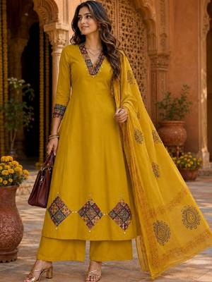 women ethnic motifs embroidered regular thread work  cotton kurta with palazzos & with 1