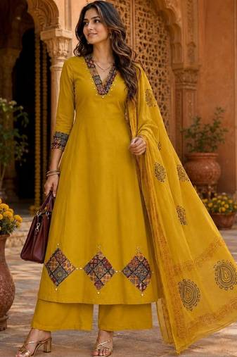 women ethnic motifs embroidered regular thread work  cotton kurta with palazzos & with