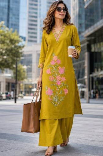 women floral embroidered regular thread work  cotton kurta with palazzos