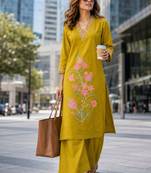 women floral embroidered regular thread work  cotton kurta with palazzos