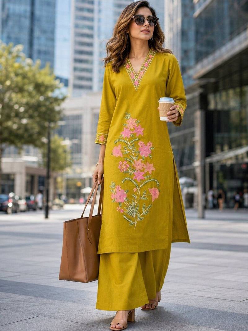 women floral embroidered regular thread work  cotton kurta with palazzos