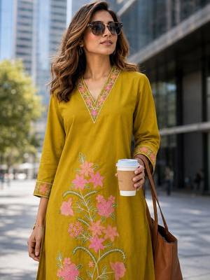 women floral embroidered regular thread work  cotton kurta with palazzos 2