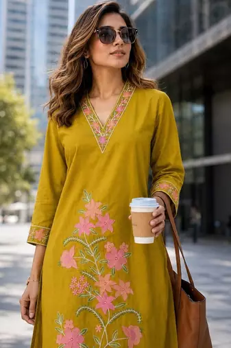 women floral embroidered regular thread work  cotton kurta with palazzos